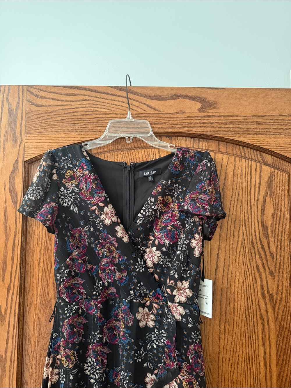 kensie Black Floral Wrap-Style Dress with Pink and Cream Blooms
